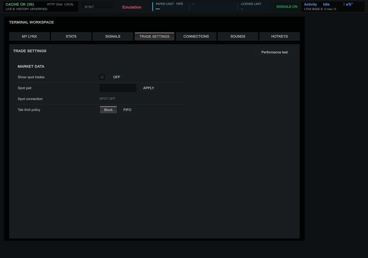 Вкладка Trade Settings в Lynx